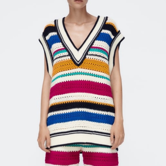 Zara rustic striped oversized crochet vest and flare pants coordinated set NWT - Picture 10 of 11